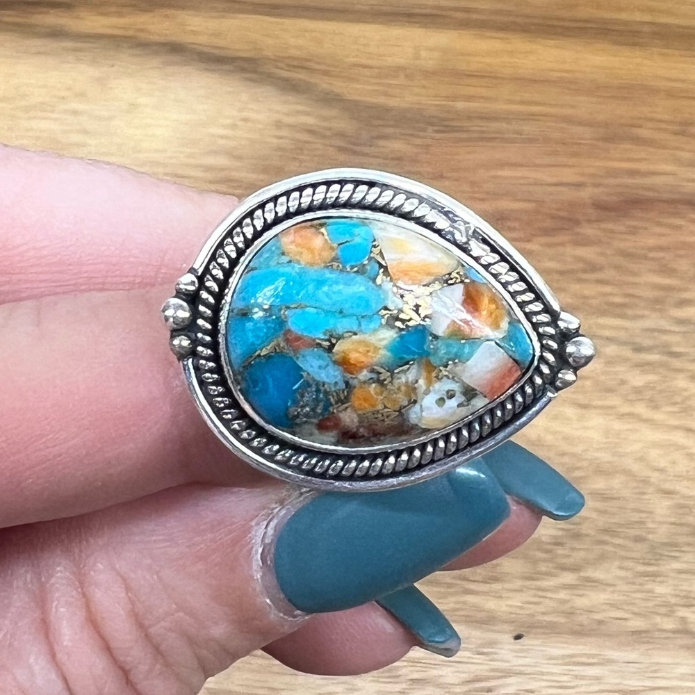 Genuine oyster,copper,turquoise ring,925 Sterling Silver,vibrant, chunky❤️size 7